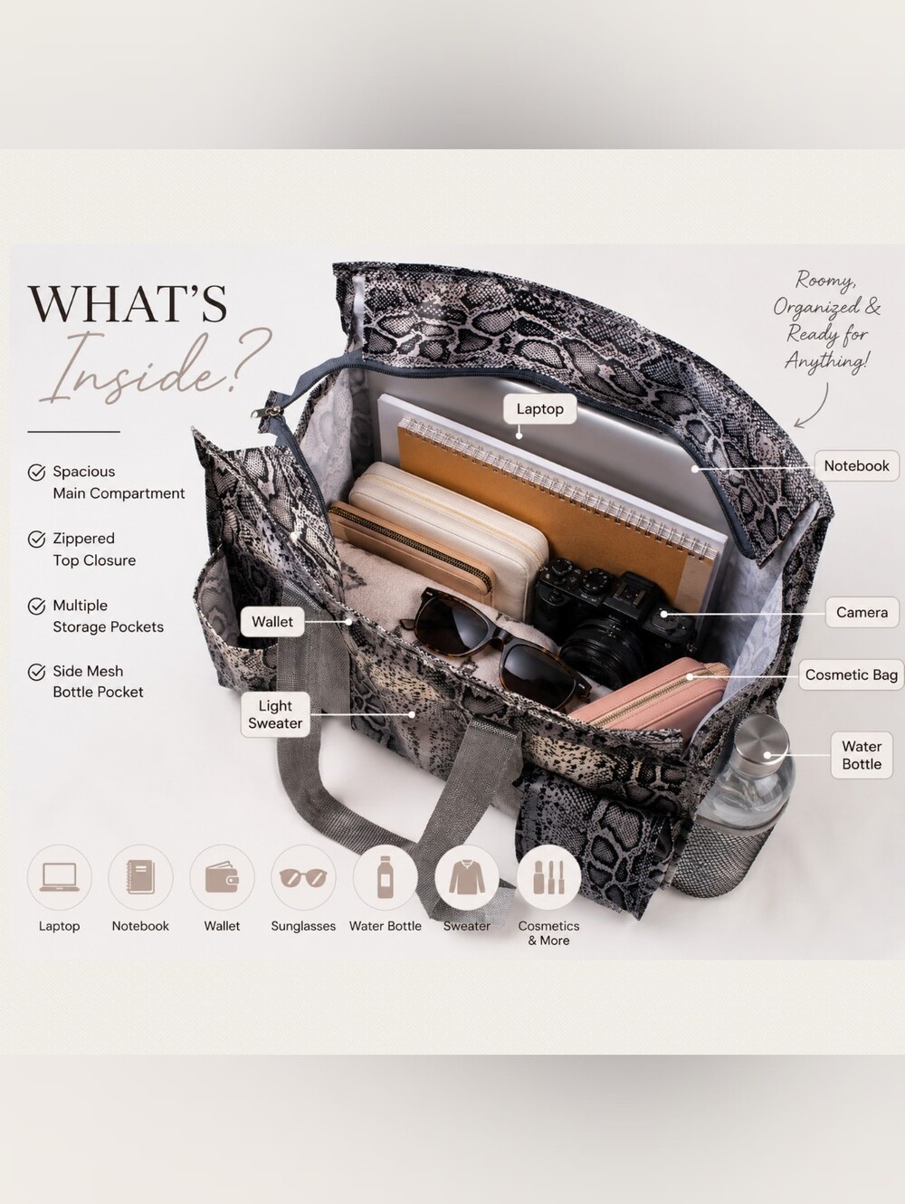 BUY NOW💖Large Water Resistant Organizer Carry Tote Bag In Python Pattern - Picture 4 of 10